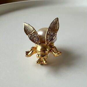 Vintage Bee Gold Tone Pin Brooch Jewelry Movable Wings Rhinestones Faux Pearl